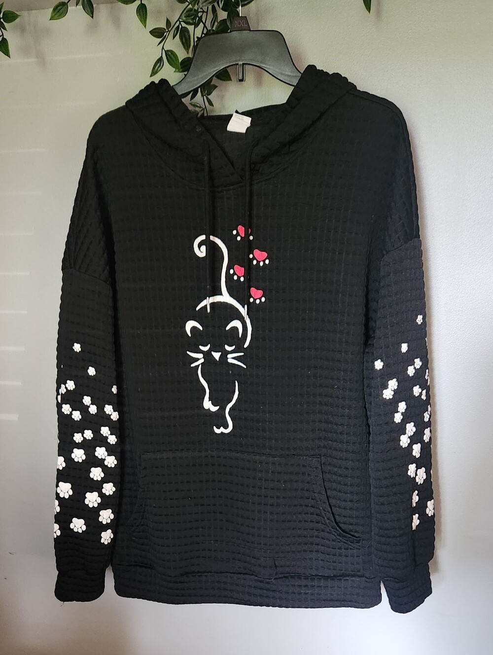 Oversized Black Cat Pawprints Graphic Waffle Knit Hoodie Sweatshirt Womens 2XL